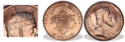 1938-as tombak Szent Istvn 5 pengs szgletes koronval